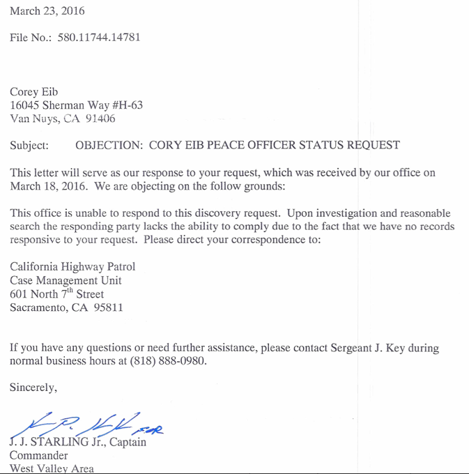 CHP.Objection_Corey_Eib_Peace_Officer_Status_Mar23.2016