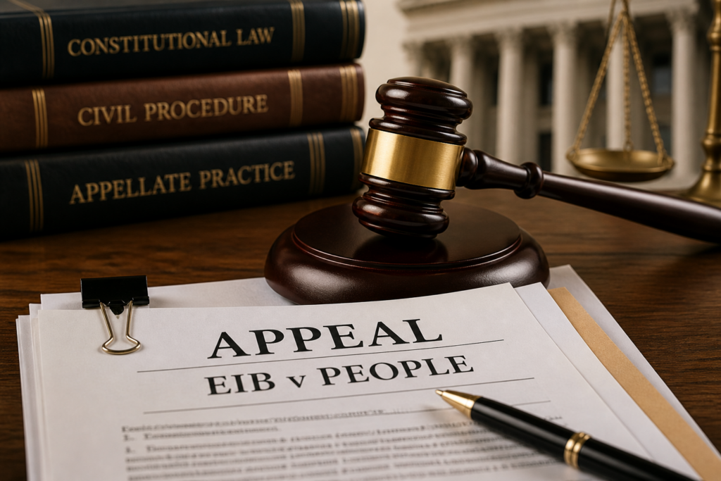 Gavel on legal documents labeled “Appeal – Eib v People” representing a traffic appeal case
